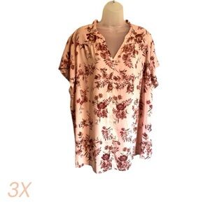 NWOT  Powder Pink Floral V-Neck Blouse    PLUS: 3X     #M